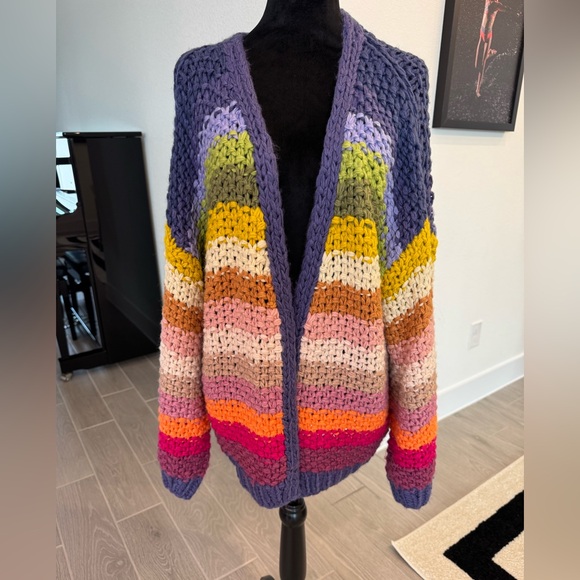 THREE BIRD NEST Wrapped in Color Chunky Knit Bright Colorful Cardigan Small VGUC - Picture 9 of 13